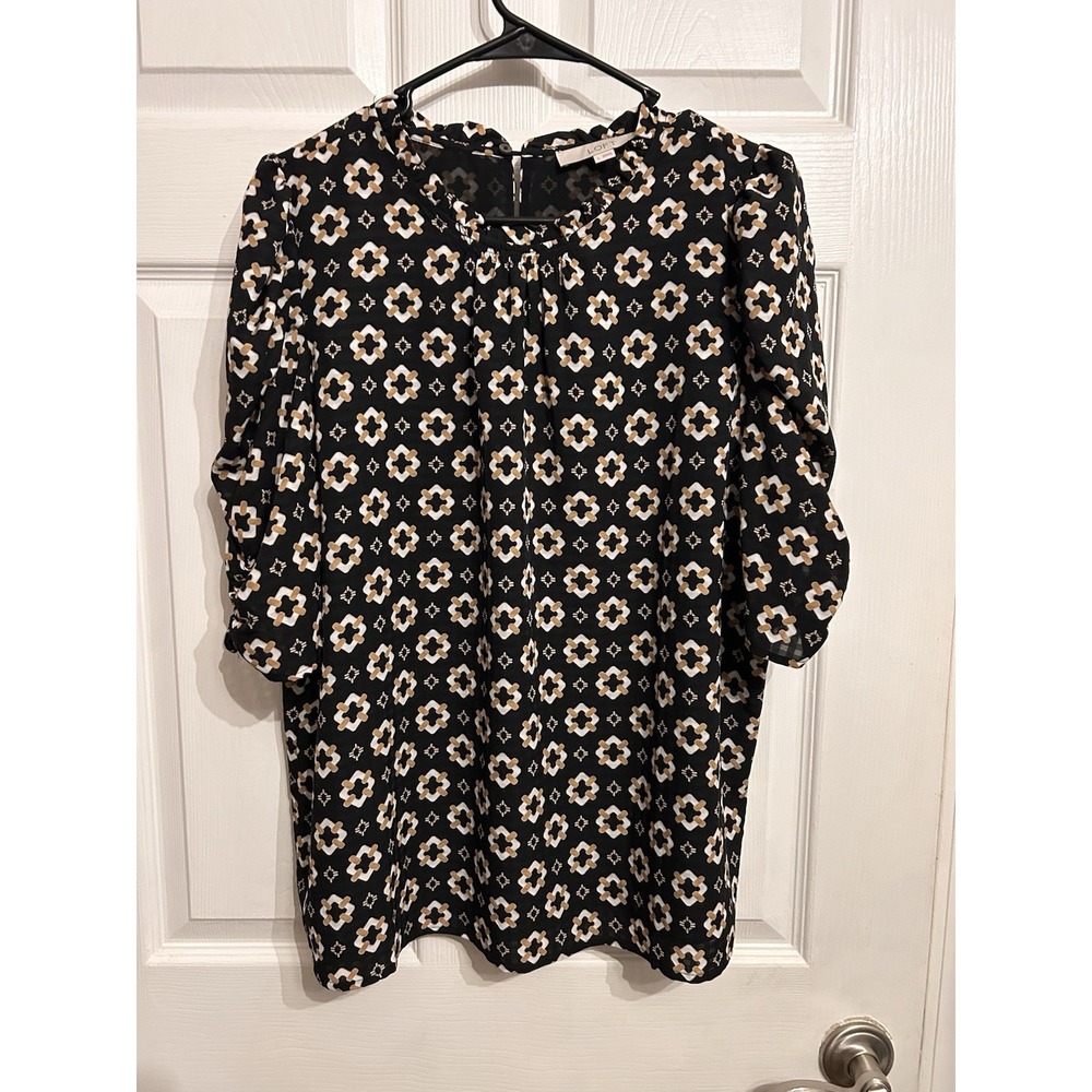Loft Womens Large Blouse Short Sleeve Shirt Geometric Design Ruffle Business‎